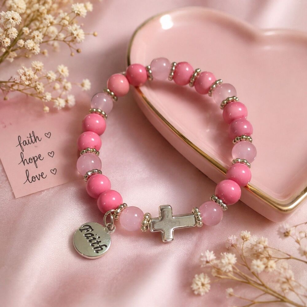 Pink Beaded Cross Bracelet, Faith Charm, Christian Stretch Bracelet